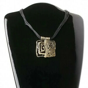 Antique Brass Black Enamel Rhinestone Abstract Square Pendant Necklace